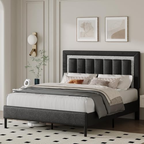 HOMBCK Full Bed Frame with Diamond Headboard, Black Upholstered Full Size Bed Frame with Wooden Slats Support, Diamond Vertical Stripe Design, Mattress Foundation, No Box Spring Needed, Black - color: Black, size: Full