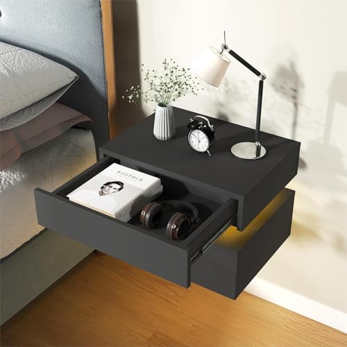 Floating Nightstand Set of 2,Modern Bedside Tables with LED Light for Bedroom,Small Night Stands with Drawers, Wall Mounted End SideTables Set for Living Room - color: Black