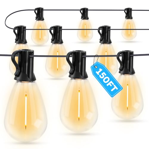 GvvooHome LED Outdoor String Lights, 150FT Waterproof Patio Lights with 47 Shatterproof S11 Plastic Bulbs, 2700K Warm White Edison Hanging Lights for Backyard, Garden, Porch, Bistro - size: 150FT