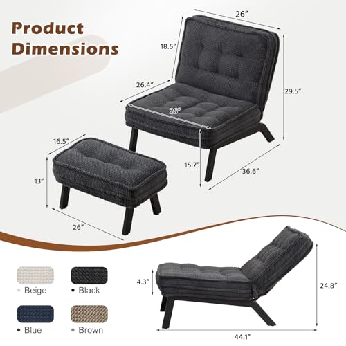 ANJ Armless Accent Chair with Ottoman Adjustable Backrest, Black Living Room Chair Tufted Upholstered Lounge Chair with Footrest Set, Modern Chair Cozy Reclining Chair for Reading Room Bedroom - color: Black, size: 1
