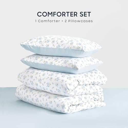 Wake In Cloud - Floral Comforter Set, Coquette Cottagecore Aesthetic Flower Shabby Chic Pattern for Women Teen Girls, Soft Lightweight Bedding, 3 Pieces, White Blue, Twin/Twin XL Size - color: White Blue, size: Twin/Twin XL