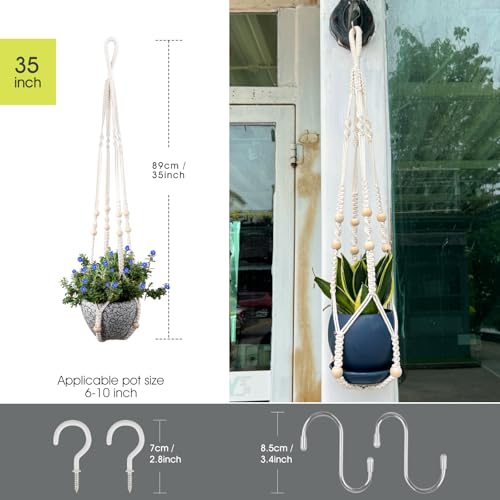 RIFNY Macrame Plant Hanger for 5 to 10 Inch Plant Pots, 35 Inch Indoor Handmade Woven Rope Hanger Kits with Hooks and Wood Beads, Hanging Planter Basket Holder for Boho Home Decor (White, 3 Pack) | 35 Inch Hanging Planter with Hooks, Fits 5-10" Pots, Suit