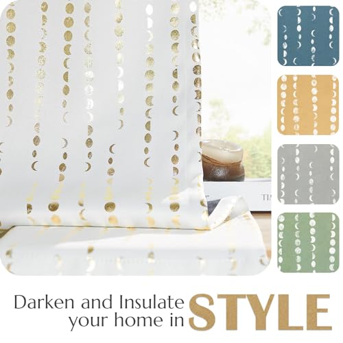 jinchan Boho Blackout Curtains 63 Inch Length Moon Phase Printed Drapes | Gold on White Farmhouse Curtain for Bedroom Living Room Back Tab Drapes Room Darkening Window Treatment 2 Panels - color: Luna | Gold on White, size: 52"W x 63"L (Pack of 2)