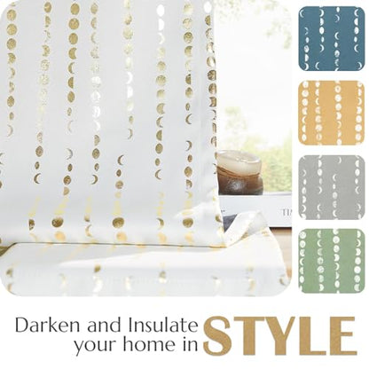 jinchan Boho Blackout Curtains 63 Inch Length Moon Phase Printed Drapes | Gold on White Farmhouse Curtain for Bedroom Living Room Back Tab Drapes Room Darkening Window Treatment 2 Panels - color: Luna | Gold on White, size: 52"W x 63"L (Pack of 2)