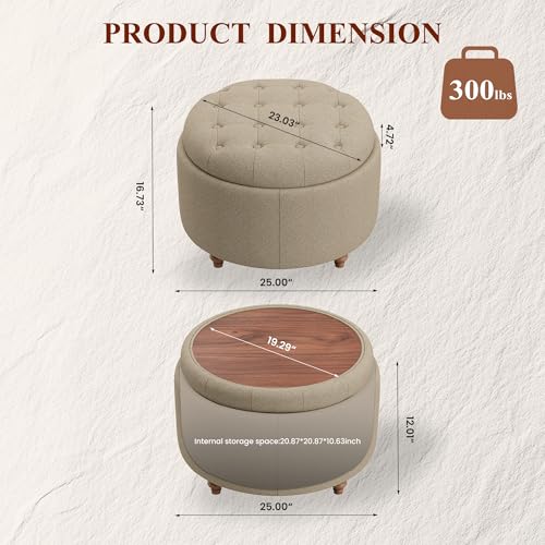 25" Round Ottoman with Storage, Small Coffee Table with Reversible Tray Lid | Tufted Fabric Round Storage Ottoman with Solid Wood Legs, 3-in-1 Footrest for Living Room, Bedroom, Entryway, Coffee - color: Coffee