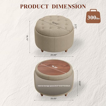 25" Round Ottoman with Storage, Small Coffee Table with Reversible Tray Lid | Tufted Fabric Round Storage Ottoman with Solid Wood Legs, 3-in-1 Footrest for Living Room, Bedroom, Entryway, Coffee - color: Coffee