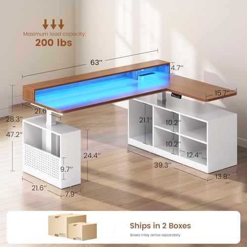 SEDETA L Shaped Electric Standing Desk, 63 inch Gaming Computer Desk with Storage Shelves and LED Lights, Height Adjustable Office Desk with Power Outlet and Pegboard, Brown Desktop - color: Brown
