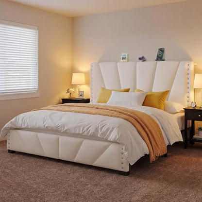 EnHomee King Size Bed Frame with Velvet Headboard, LED Lights & USB, Beige | Adjustable Velvet Headboard, Under-Bed Space,Heavy Duty Support with 12 Silent Slats, No Box Spring Needed, Easy Assembly - color: Beige, size: King (U.S. Standard)