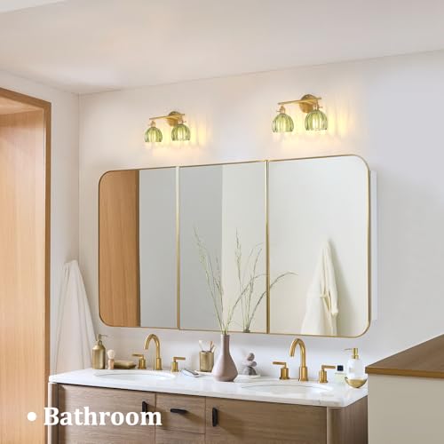 Shenmoyl Bathroom Light Fixtures, 2-Light Brass Vanity wall Light Over Mirror with Green Tulip Glass Shade for Bedroom Living Room (Bulb Not Included) - color: Yellow Gold Base-Green, size: 2-light