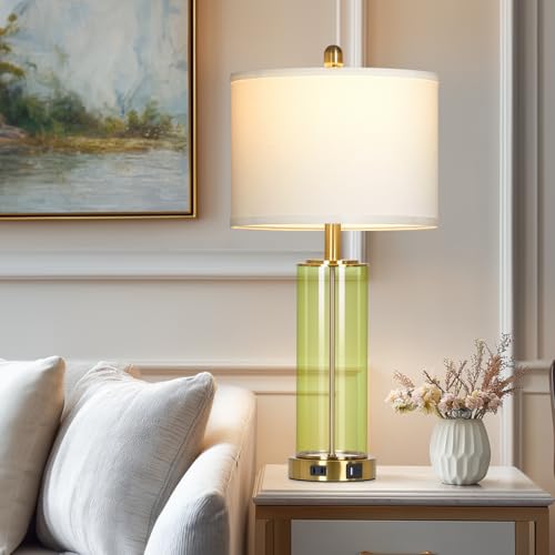 Ruzectt 26" Green Glass Table Lamps for Bedside, Modern Living Room Lamps Set of 2, Elegant Coastal Bedroom Lamp with USB A+C Ports & AC Outlet, 3-Way Dimmable Touch Lamp for Nightstand Dining Table - color: Green