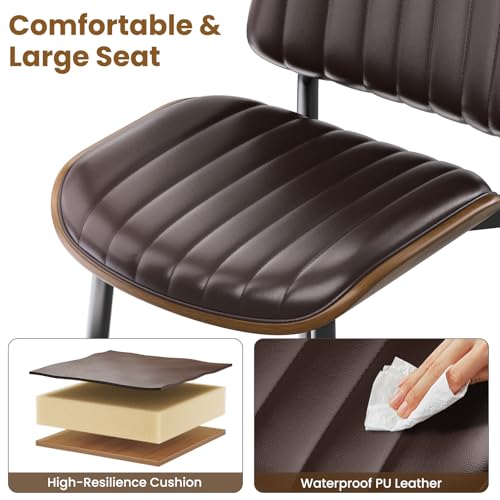 YaFiti Mid Century Dining Chairs with Walnut Bentwood, Set of 2, Brown | Ergonomic Walnut Backrest, Upholstered Waterproof PU Leather Seat, Stable Metal Legs, Adjustable Footpads, Apartment Friendly - color: Brown Pinstripe