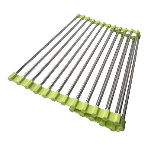 Roll Up Dish Drying Rack, Stainless Steel and Silicone Dish Drying Mat Over The Sink Foldable Drain Rack Multipurpose Dish Drainer for Kitchen, 14.5” x 14”, Green - color: Green
