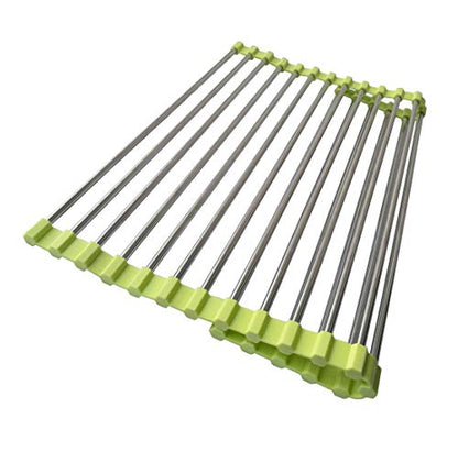 Roll Up Dish Drying Rack, Stainless Steel and Silicone Dish Drying Mat Over The Sink Foldable Drain Rack Multipurpose Dish Drainer for Kitchen, 14.5” x 14”, Green - color: Green