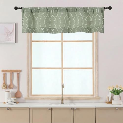 Chyhomenyc Valances for Windows - Light Filtering Faux Linen Textured Cafe Short Valance Curtains, Rod Pocket 3D Wave Line Boho Small Valance for Living Room Bathroom, 52Wx14L, 1 Piece, Green - color: Green, size: 52"W x 14"L (Pack of 1)