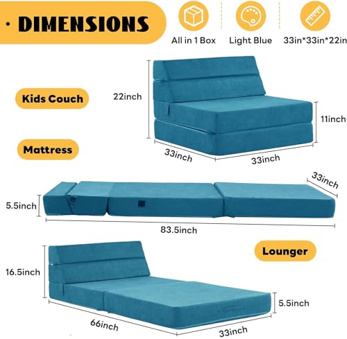 jela Foldable Sofa Bed, Convertible Sleeper Lounge Chair Floor Mattress Floor Couch with Backrest, Fold Out Futon with Washable Miss Fabric Cover for Guest Room, Living Room (83"x33",Teal) - color: Miss Fabric Light Blue