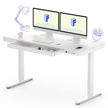 FLEXISPOT Comhar 55" Electric Standing Desk with Drawers, USB Charging Ports, Quick Assembly, Height Adjustable Sit Stand Computer Desk with Child Lock for Modern Minimalist Home Office, White - size: 55"White