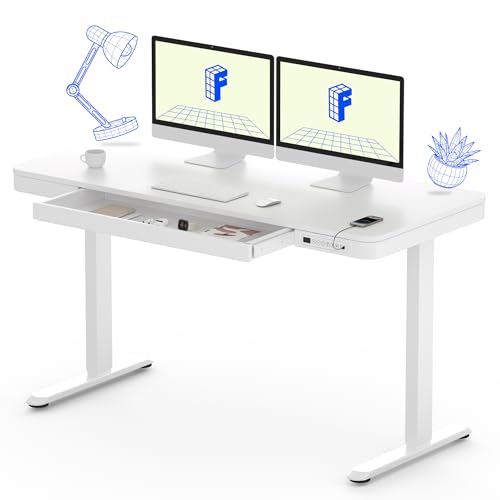 FLEXISPOT Comhar 55" Electric Standing Desk with Drawers, USB Charging Ports, Quick Assembly, Height Adjustable Sit Stand Computer Desk with Child Lock for Modern Minimalist Home Office, White - size: 55"White