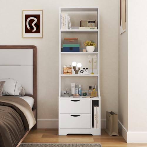 Farmhouse 58-Inch Night Stands with Bookshelf & 2 Storage Drawers, Tall Nightstand with Storage Shelves for Bedroom, Living Room, Study, Vertical Space Saving Design (White) - color: White