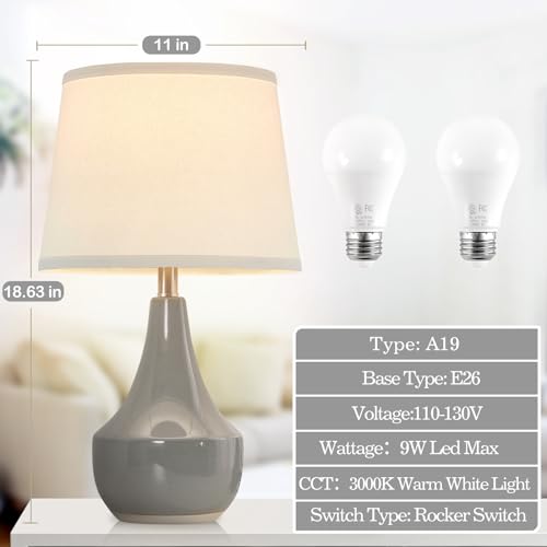 18" Table Lamp Set of 2, Ceramic Table Lamp Classic Beside Lamps Nightstand Lamp Modern Lamp for Living Room, Bedroom & Office Rocker Switch Grey-LED Bulbs Included - color: 18.63" Grey