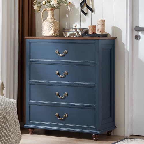 Joaxswe Farmhouse 4 Drawer Dresser for Bedroom, 37" Tall Rustic Chests of Drawers w/ 4 Solid Wood Feet, Mid Century Modern Wooden Closet Storage Dressers Organizer for Living Room, Hallway, Navy Blue - color: Blue, size: 15.7"D x 31.5"W x 37.2"H (4 Drawer