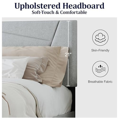 Full Size Upholstered Bed Frame Frame with Headboard，Velvet Gray | Geometric Head Board Platform Bed, Sturdy Wooden Slats, Noiseless No Box Spring Required, Easy to Assemble - color: Light Gray, size: Full