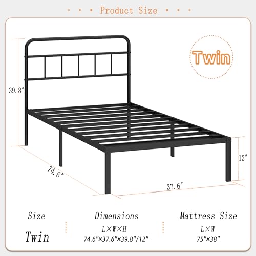 Kujielan 12 inches Twin Bed Frame with Minimalist headboard, Black | Metal Platform Base with Strong Metal Slats,Mattress Foundation for Under Bed Storage,Easy Assembly - size: Twin
