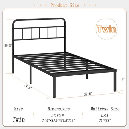 Kujielan 12 inches Twin Bed Frame with Minimalist headboard, Black | Metal Platform Base with Strong Metal Slats,Mattress Foundation for Under Bed Storage,Easy Assembly - size: Twin