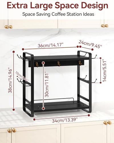 IBUYKE Kitchen Mug Cup Holder,2 Tier Coffee Bar Organizer,Black TBJ006B | Coffee Bar Station Countertop Organizer Coffee Mug Stand with 18 Hooks,Multifunctional Mug Tree for Home Kitchen Office - color: Black