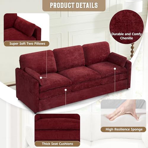 89" Chenille 3 Seats Sofa with 2 Pillows, Red | Modern Upholstered Sofa with Deeper Seats, Comfy Sofa with Thickened Cushions for Living Room, Apartment - color: Red, size: Sofa