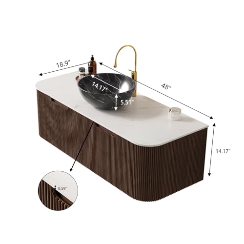 48” Floating Bathroom Vanity with Sink, Fluted Wall-Mounted Solid Wood Cabinet, Black Marble-Patterned Bowl Basin, Faux Marble Top, Soft-Close Drawer, Pre-Assembled, Walnut Woodgrain - color: 05 - Walnut Woodgrain, size: 48"