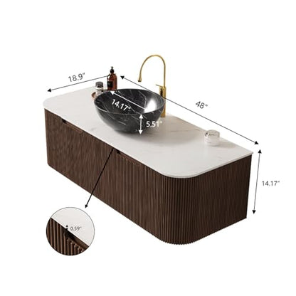 48” Floating Bathroom Vanity with Sink, Fluted Wall-Mounted Solid Wood Cabinet, Black Marble-Patterned Bowl Basin, Faux Marble Top, Soft-Close Drawer, Pre-Assembled, Walnut Woodgrain - color: 05 - Walnut Woodgrain, size: 48"