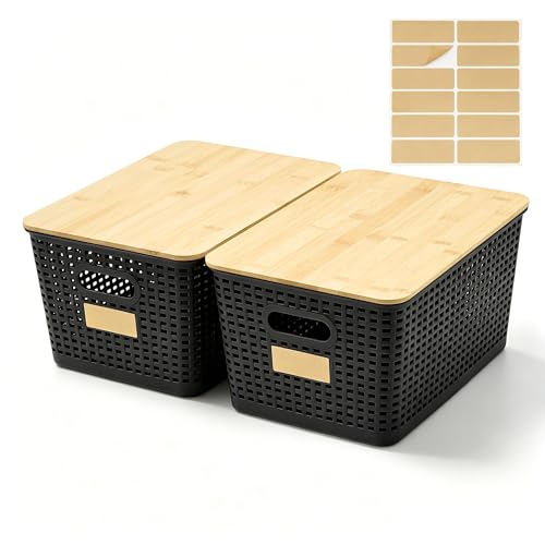 2 Pack Tall Plastic Storage Bins with Bamboo Lids, 10.8qt Stackable Storages Baskets for Organizing Desktop Closet Playroom Classroom Office, 12"L x 8.3"W x 6.1"H, Black - color: Black, size: Tall- 2 Pack