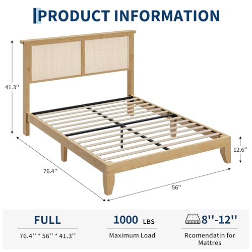 Garvee Bohemian Full Rattan Bed LED Natural Headboard Bedroom | Bohemian full rattan bed with natural headboard, LED lights, solid wood frame. No box spring needed for bedroom use. - size: Full(0 Drawers)