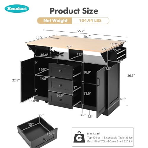 Rolling Kitchen Island with 2 Drop Leaf and Power Outlet, Island Table on Wheels with Towel Rack and Spice Rack, Kitchen Cart with Storage Cabinet and Drawers (Black) - color: Black