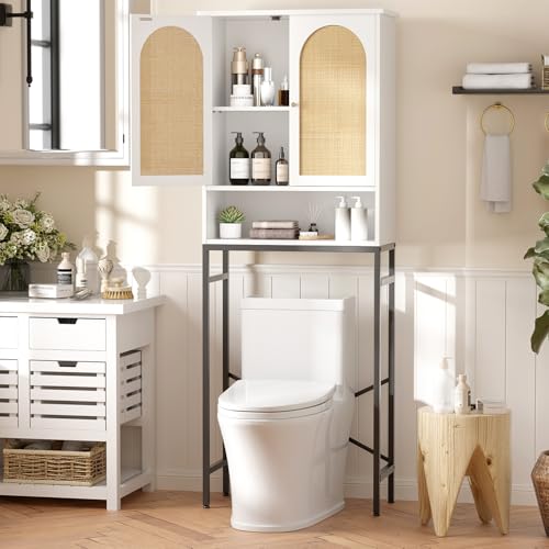 Befrases Rattan Over Toilet Storage Cabinet with Metal Stand | Bathroom Organizer with Adjustable Shelf, Tall Freestanding Washer Shelf, Small Cupboard, Space Saver, White - color: Rattan Door-white