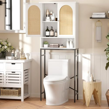 Befrases Rattan Over Toilet Storage Cabinet with Metal Stand | Bathroom Organizer with Adjustable Shelf, Tall Freestanding Washer Shelf, Small Cupboard, Space Saver, White - color: Rattan Door-white