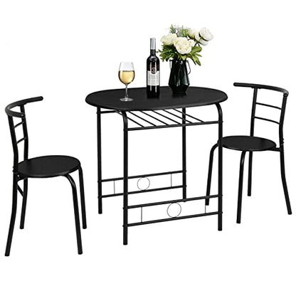 VINGLI 3 Piece Dining Set,Small Kitchen Table Set for 2,Breakfast Table Set,Kitchen Wooden Table and 2 Chairs for Small Space/Dining Room/Apartment,Metal Frame,Wine Rack,Black - color: Black