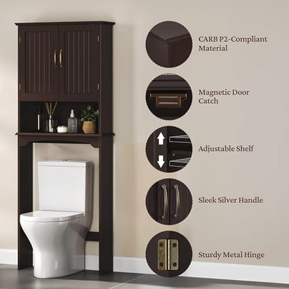 Yaheetech Over The Toilet Storage with 2 Doors & Adjustable Shelf, Free Standing Toilet Rack Wooden Space-saving Collect Cabinet, Bathroom Furniture, 9Dx24.5Wx66H Inches, Espresso | Doors Hide Clutter, Open Cubby Keeps Essentials Handy, Slim 9-Inch Depth