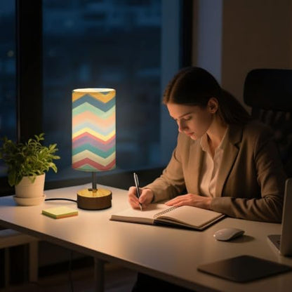 Kigai Colorful Folded Threads Touch Control Bedside Table Lamp 3 Way Dimmable Nightstand Lamp with USB A+C Charging Ports & AC Outlet Fabric Shade for Bedroom Desk Living Room