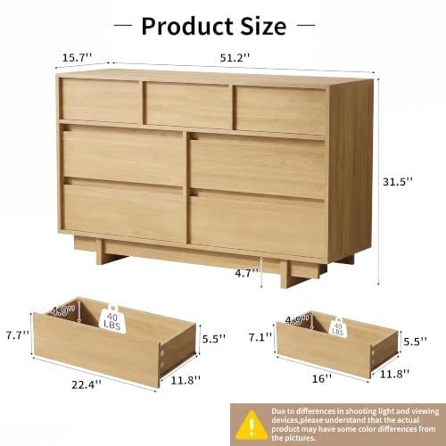 7 Drawer Oak Dresser for Bedroom, 51.5" Wide Mid Century Modern Dresser | Dresser with Sleek Handleless Design, Wooden Large Chest of Drawers with Elevated Base for Bedroom, Living Room - color: Oak, size: 15.7"D x 51.5"W x 31.5"H (7 Drawers)