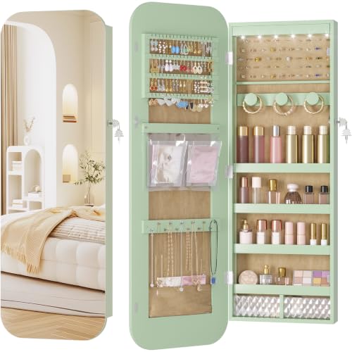 6 LEDs Mirror Jewelry Cabinet Door Hanging, 42.5", Lockable, Green | Jewelry Organizer with Full Length Mirror, Wall Mounted Large Jewelry Storage for Earrings, Rings, Necklaces - color: Green