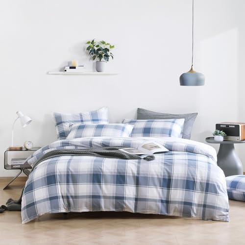 LEMIROE Vintage Cotton Comforter Twin Size 2Pcs - Classic Tartan Plaid Pattern with Denim Blue, Soft Gray and White, Lightweight Bedding Sets with Soft Fill(1 Comfoter, 1 Pillowcase) - color: Tartan Plaid - Denim Blue & White, size: Twin/Twin XL(68"×90")