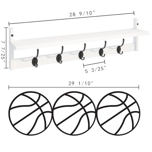 BAMEOS Wall-Mounted Wood Shelf with 5 Dual Hooks for Bathroom, Living Room, Bedroom (White-with Shelf) - style: White-28.9IN with shelf
