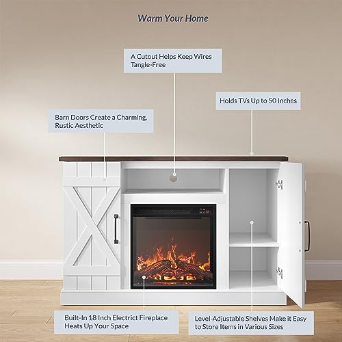 BELLEZE 47" TV Stand with 18" Electric Fireplace Heater & Media Entertainment Center Console Table for TV up to 50" with Open Storage Shelves & Cabinets - Veropeso (White) - color: White, style: 47" TV Stand/W 18" Fireplace