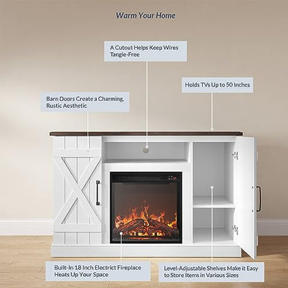 BELLEZE 47" TV Stand with 18" Electric Fireplace Heater & Media Entertainment Center Console Table for TV up to 50" with Open Storage Shelves & Cabinets - Veropeso (White) - color: White, style: 47" TV Stand/W 18" Fireplace