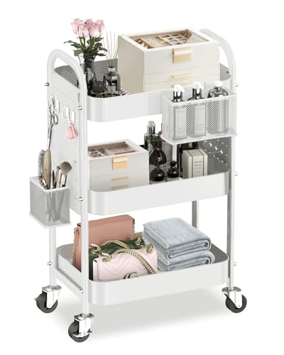 ALVOROG 3 Tier Metal Rolling Utility Cart with Pegboards,Baskets,Hook,White | More Storage Craft Cart with Pegboards,Lockable Wheels,Hooks & Baskets to Organize Kitchen,Office,Bedroom and DIY Supplies - color: White