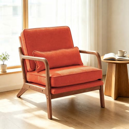 Karl home Mid-Century Modern Accent Reading Chair, Burnt Orange | Linen Upholstered, Solid Wood Frame, Soft Cushion, Lumbar Pillow, Lounge Armchair for Living Room, Bedroom, Balcony, Study - color: Linen Orange