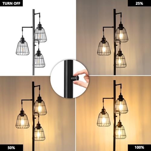 9MMML 68” Living Room Floor Lamp, Industrial Farmhouse 3 Teardrop Cage Standing Lamp,Black Tall Floor Lamp for Bedroom Office, 3 LED Edison Bulbs Included - color: Black