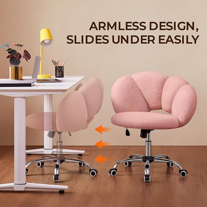 Yaheetech Pink Petal Boucle Makeup Vanity Desk Chair with Wheels, Swivel | Soft foam-padded boucle fabric fits vanity, bedroom, office or sewing desks; adjustable height, swivel wheels, fast assembly. - color: Pink