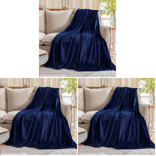 Fleece Plush Throw Blanket Navy Blue(50 by 60 Inches),Super Soft Fuzzy Cozy Flannel Blanket for Couch Sofa.Microfiber Blanket Lightweight (Pack of 3) - color: Navy Blue, size: Throw(50"×60") (Pack of 3)